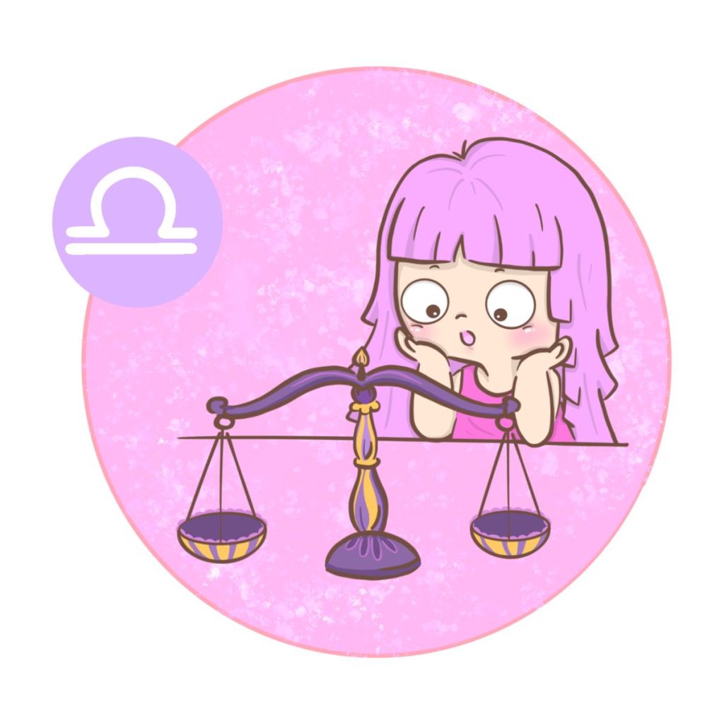 Un personaggio animato con i capelli rosa osserva una bilancia in un cerchio rosa. Il simbolo della Bilancia è visibile in alto a sinistra.