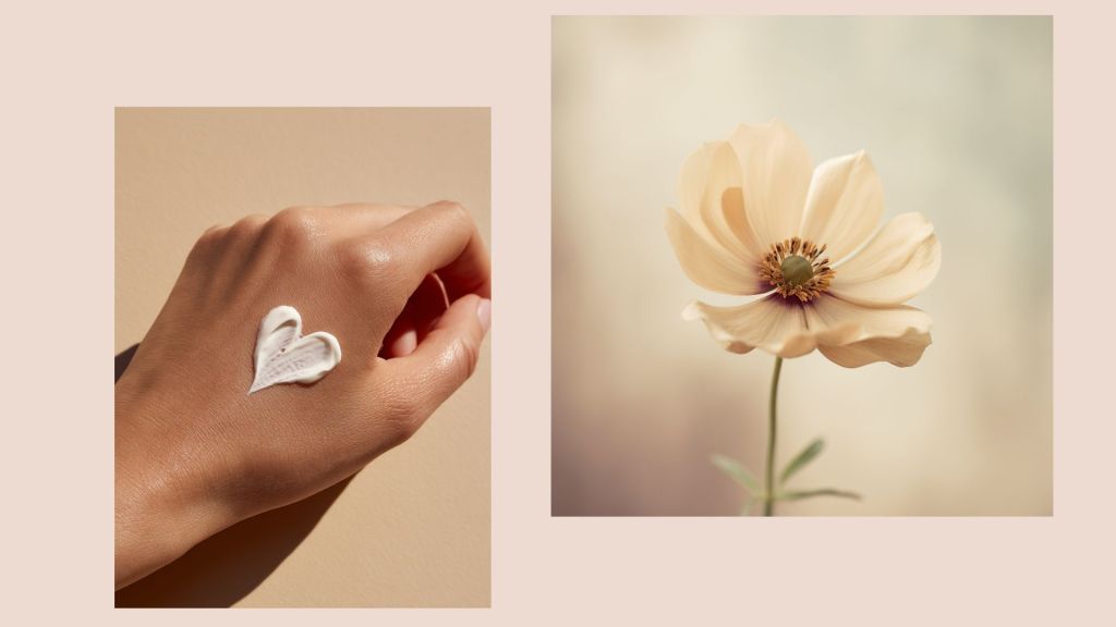 Una mano con una crema che forma un cuore sulla pelle, affiancata da un fiore di colore beige con petali delicati.